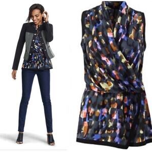 Cabi Womens Flaunt Faux Wrap Multicolor Sleeveless Blouse 3077 XS